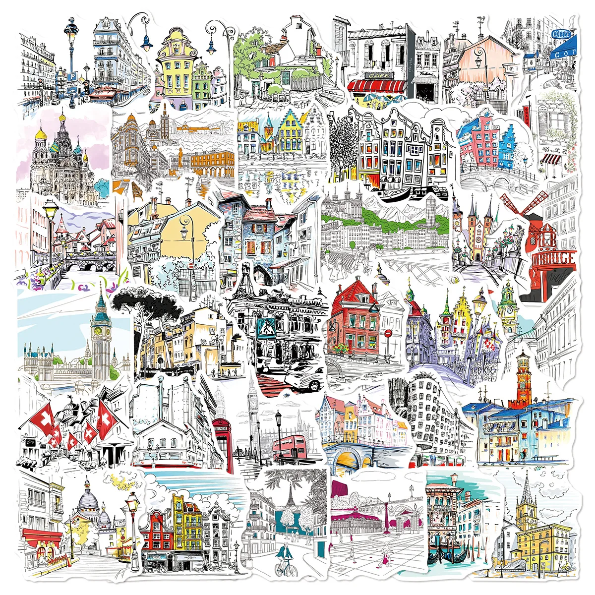 50Pcs Hand Drawn World Landmarks Stickers Travel Graffiti Decoration DIY Notebook Mobile Guitar Refrigerator  Decals
