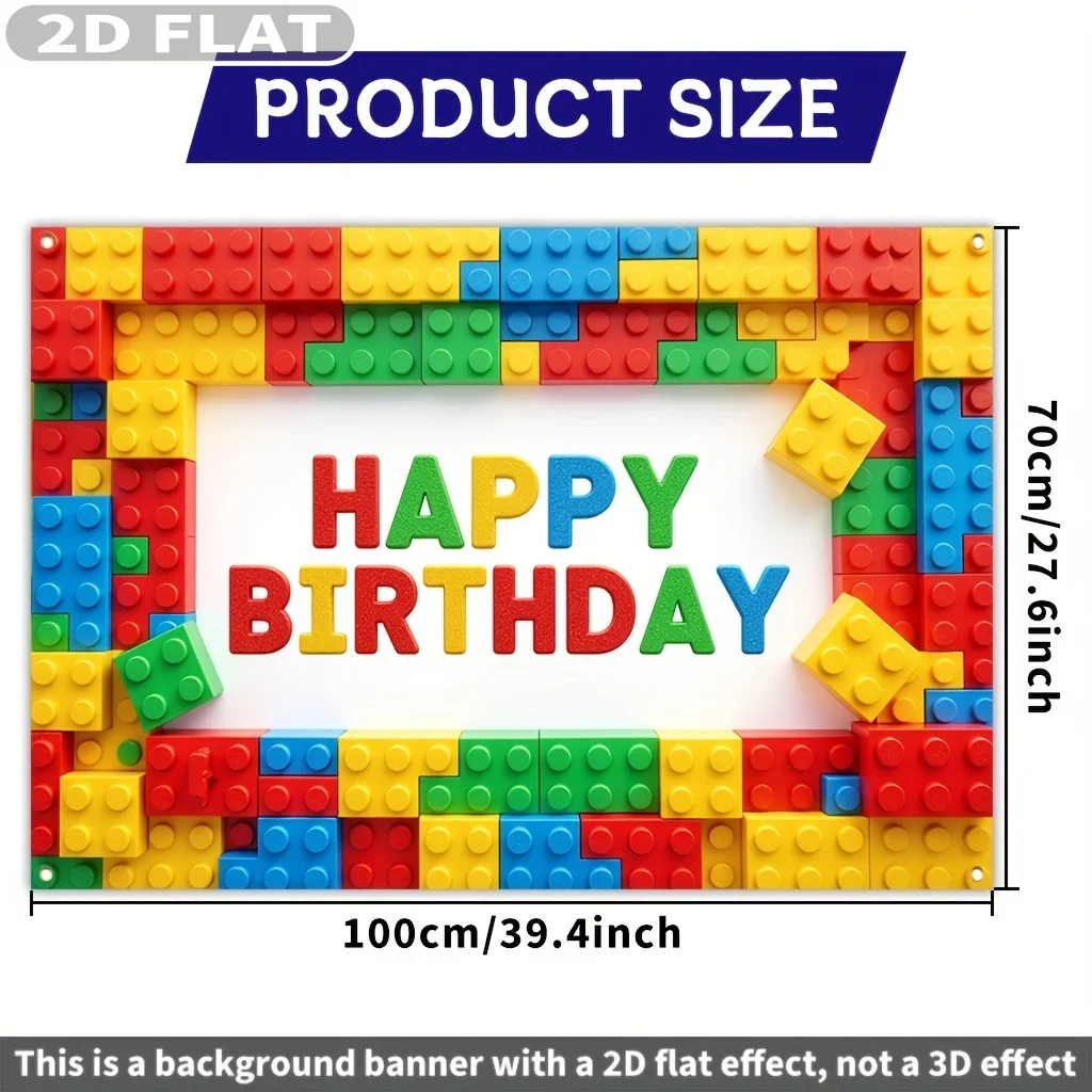 2D FLAT 1pc Birthday Party Banner, Multiple Sizes Happy Birthday Block Lettering with Colorful Building Blocks, Polyester Fabric