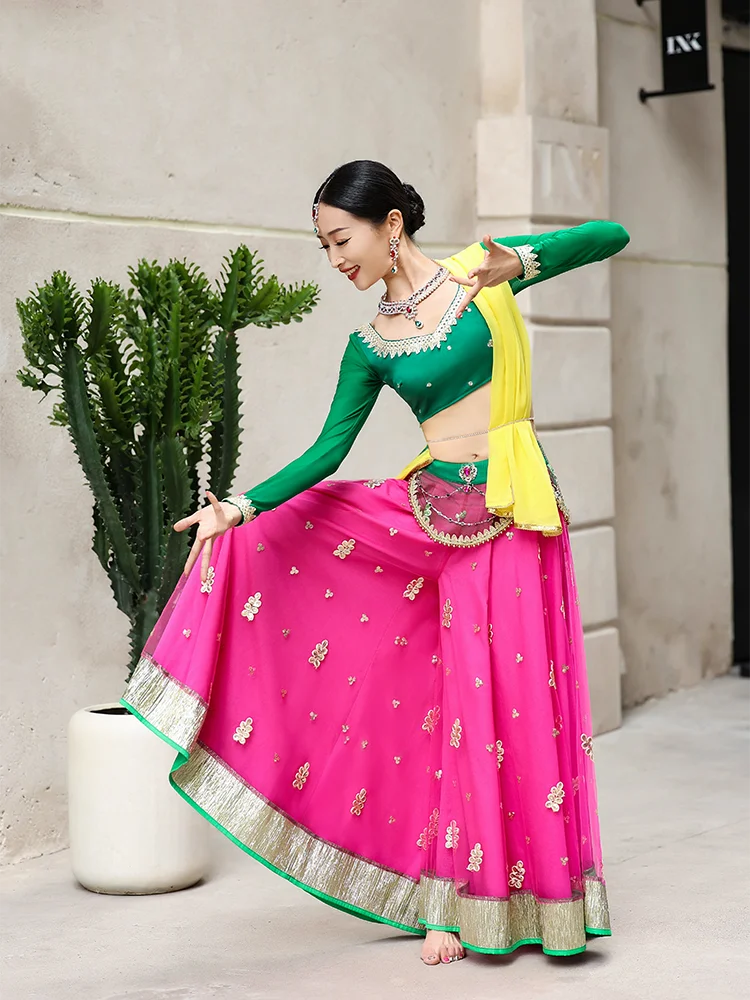 Female Indian Traditional Dance Dress Long Sleeve Tops Skirt Bollywood Dance Saree Veil Suit Belly Dance Stage Clothing DQL10102