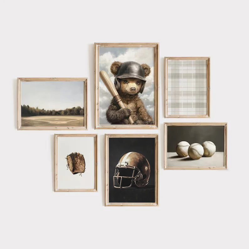 Vintage Baseball Sport Bear Field Glove Helmet Nursery Poster Wall Art Pictures Canvas Painting Home Kid's Room Decor Gift