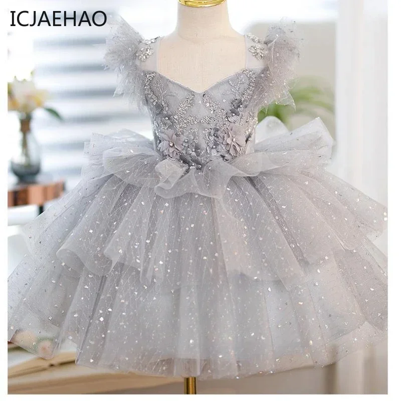ICJAEHAO 2025 Kids Bubble Dresses for  Gown V-Neck  Performance CostumeGirls Luxury Princess Fancy Sequins Tulle Children Ball