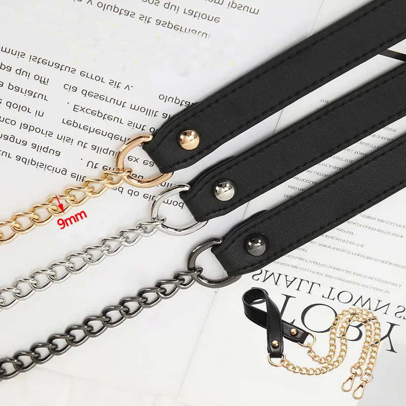 50cm-160cm Replacement Shoulder Crossbody Bag Strap Black PU Leather Handle with 9mm Gold, Silver, Gun Black Metal Chains