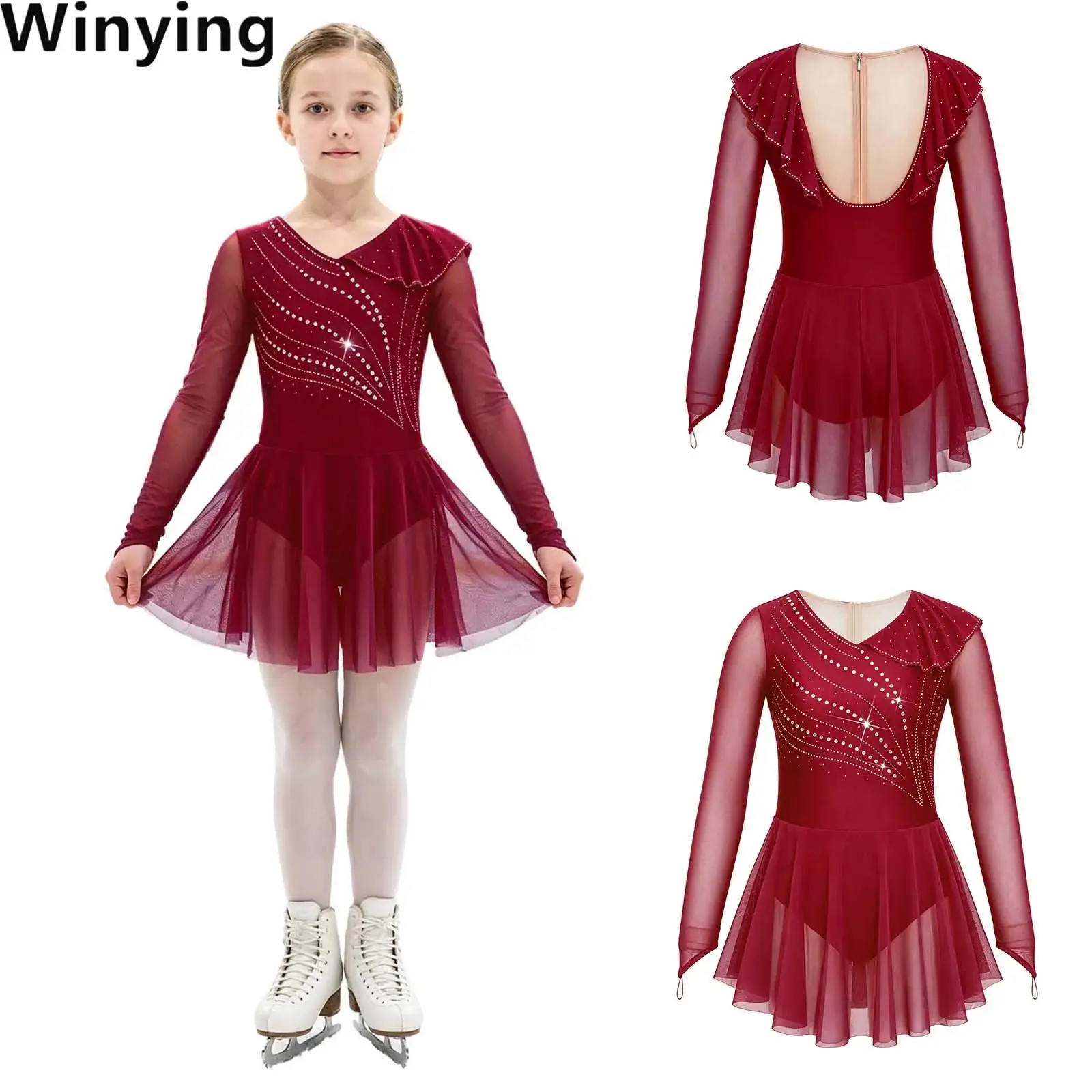 Kids Girls Mesh Patchwork Dance Dress Finger Holes Back Invisible Zipper Shiny Rhinestone Dress with Briefs for Figure Skating