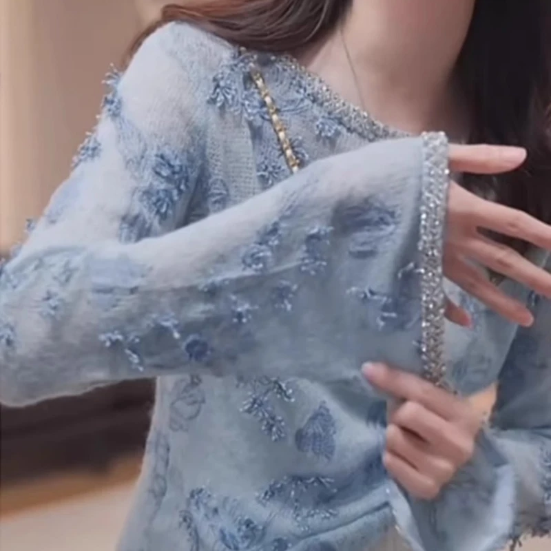 

2025 Spring Fall Women Knitted Rhinestone Flare Sleeve Blue Top T Shirt , Woman Autumn Female Embroidery Slim Tops Shirts