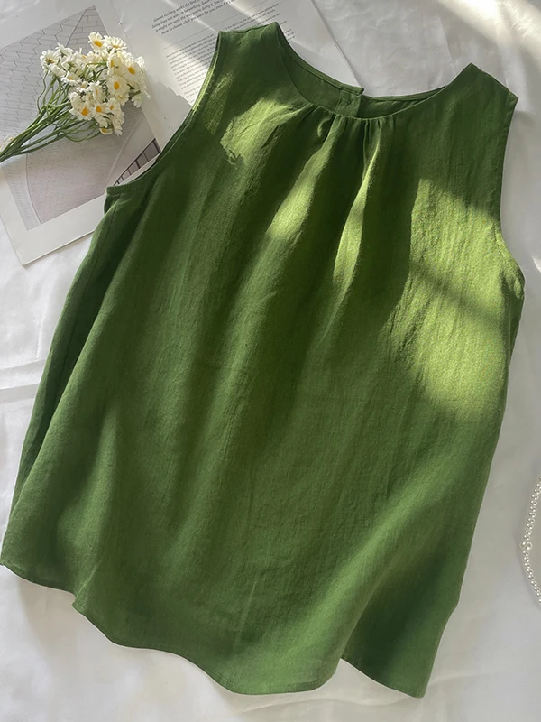 

Casual Cotton Linen Svel round Ne Vest Loose Fit Summer Top Women's Faion plus Size Inner Wear Korean Sle
