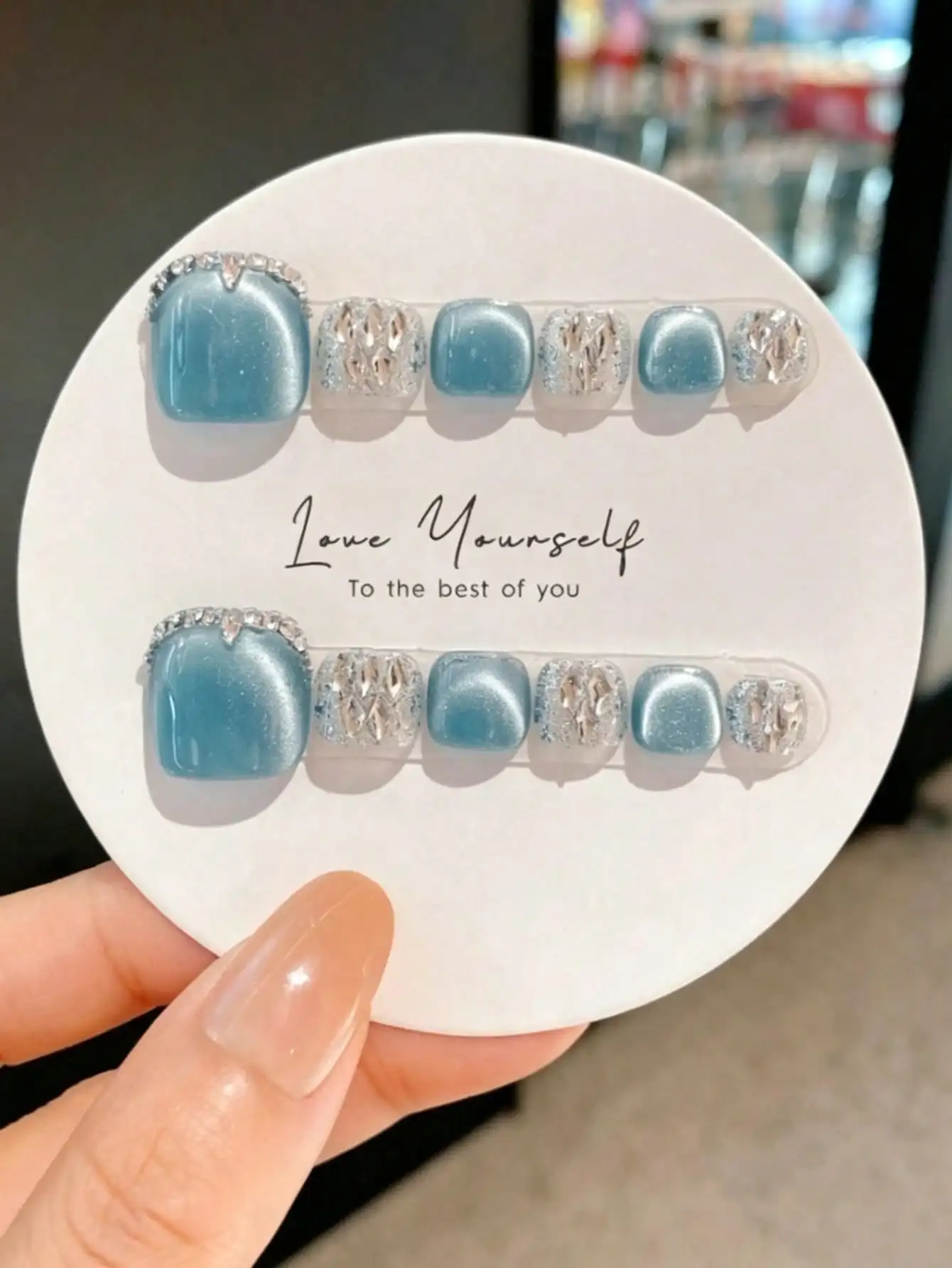 12PCS Handmade Press On Toe Nails, Blue Cat Eye Rhinestone Glitter False Toenails, Luxury Foot Nail Decor