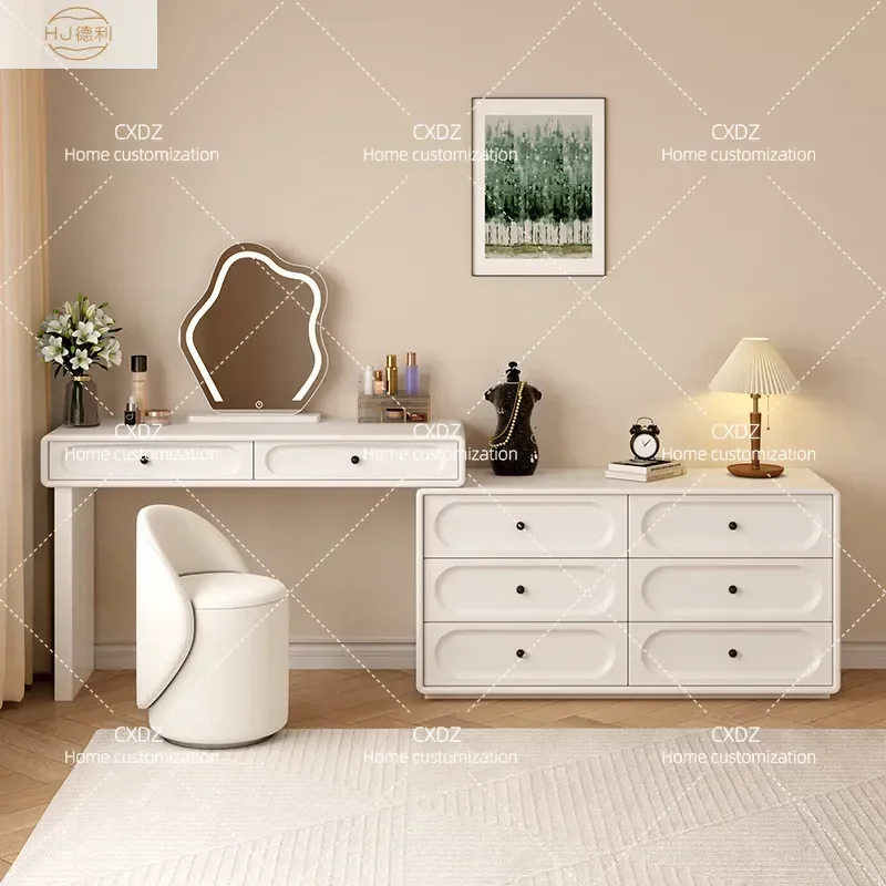 Cream Style Solid Wood Dresser Makeup Table for Bedroom Light Luxury Vanity Desk with Mirror Premium Home Furniture Storage