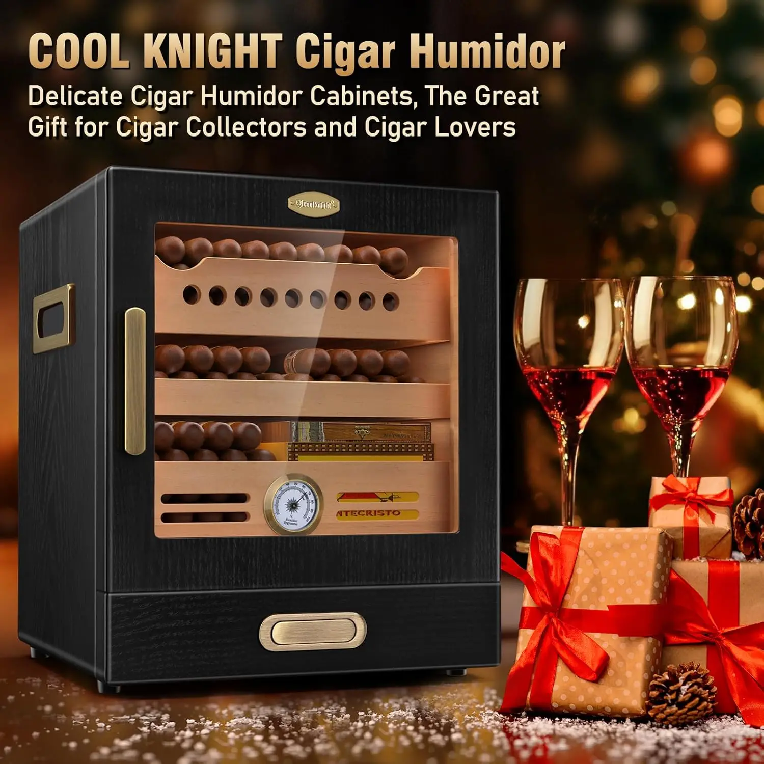 

Cigar Humidor Cabinet, Spanish Cedar Wood Drawer, Precision Hygrometer, 2 Humidifiers and Cigar Accessories Drawer