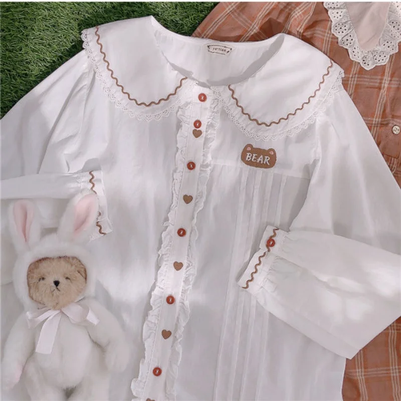 Japanese Soft Girl Sweet Lolita Blouses Cute Bear Embroidery Doll Collar Shirts Women Preppy Style Loose White Long Sleeve Tops