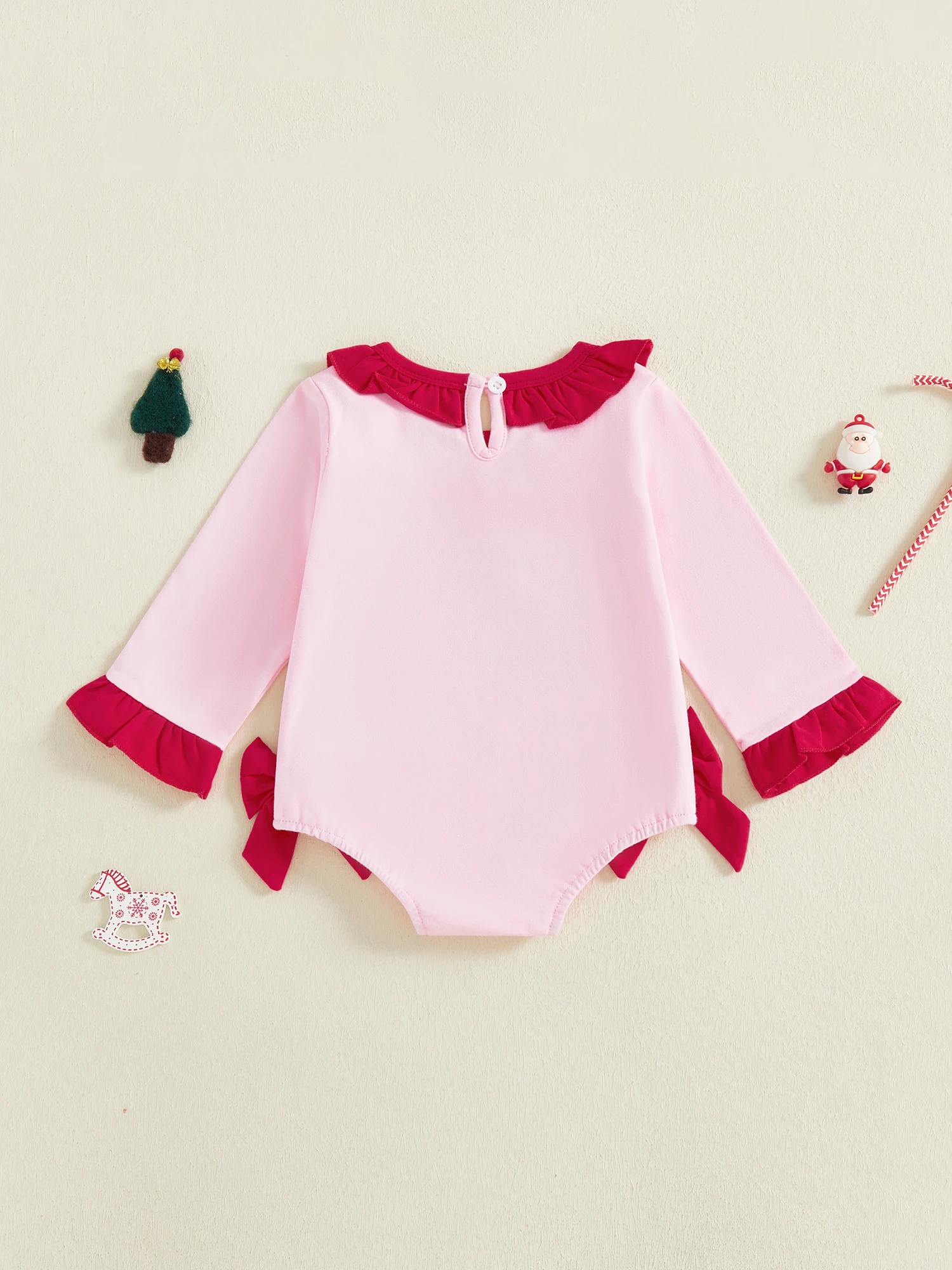 

Стильный рождественский комбинезон для маленьких девочек с праздничной вышивкой конфетной тростью и очаровательными оборками идеально подходит для праздничного сезона