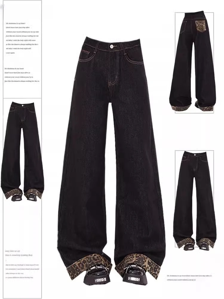 High Waist Wide Leg Denim Jeans Women plus Size Vintage Spot Print Patchwork Cuffed Floor Length Bootcut Black Jeans