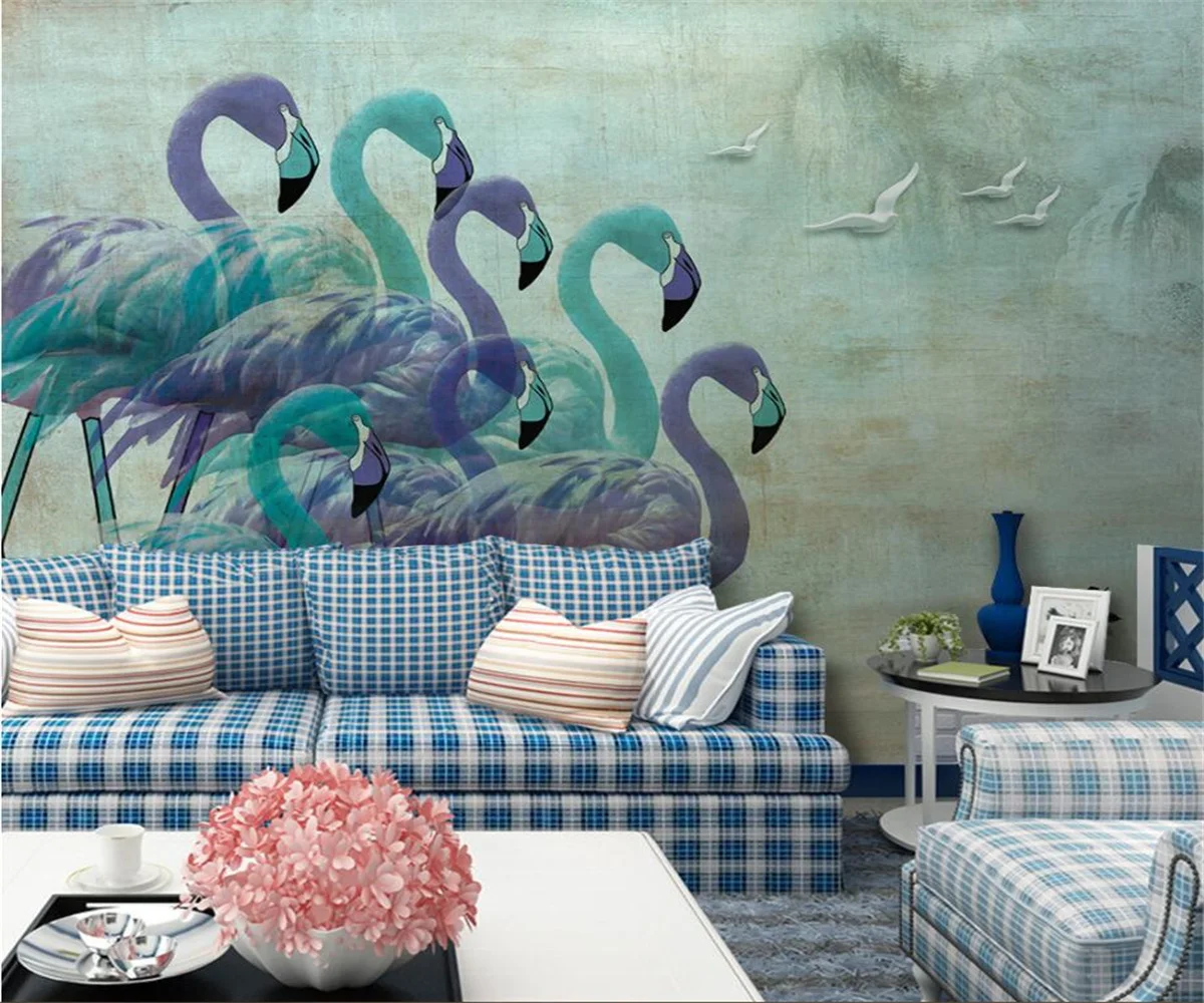 

3D three-dimensional blue flamingo nostalgic photo wallpaper home decoration 3D background mural self-adhesive material optional