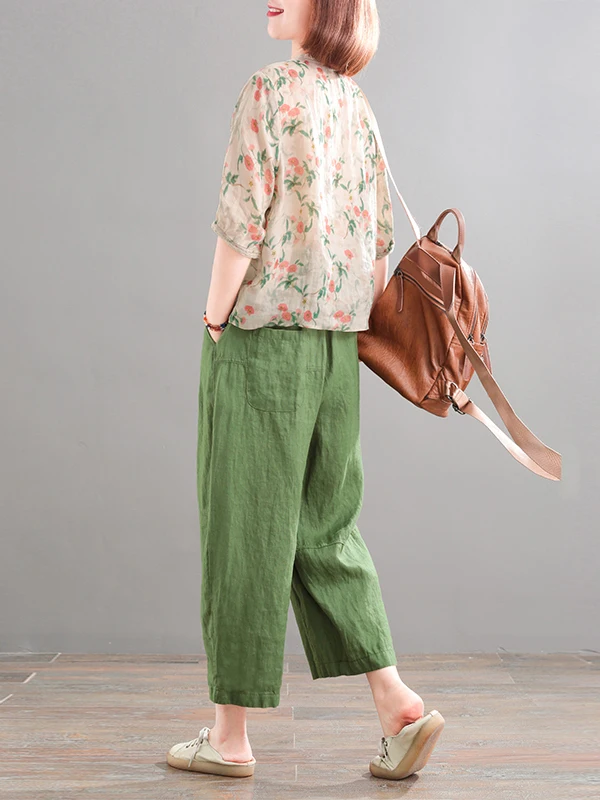 

Fashionable Cotton Linen Set Anti-Aging Floral V-Neck Shirt Nine-Piece Harlan Pants Loose Casual Large Size Two-Piece Set