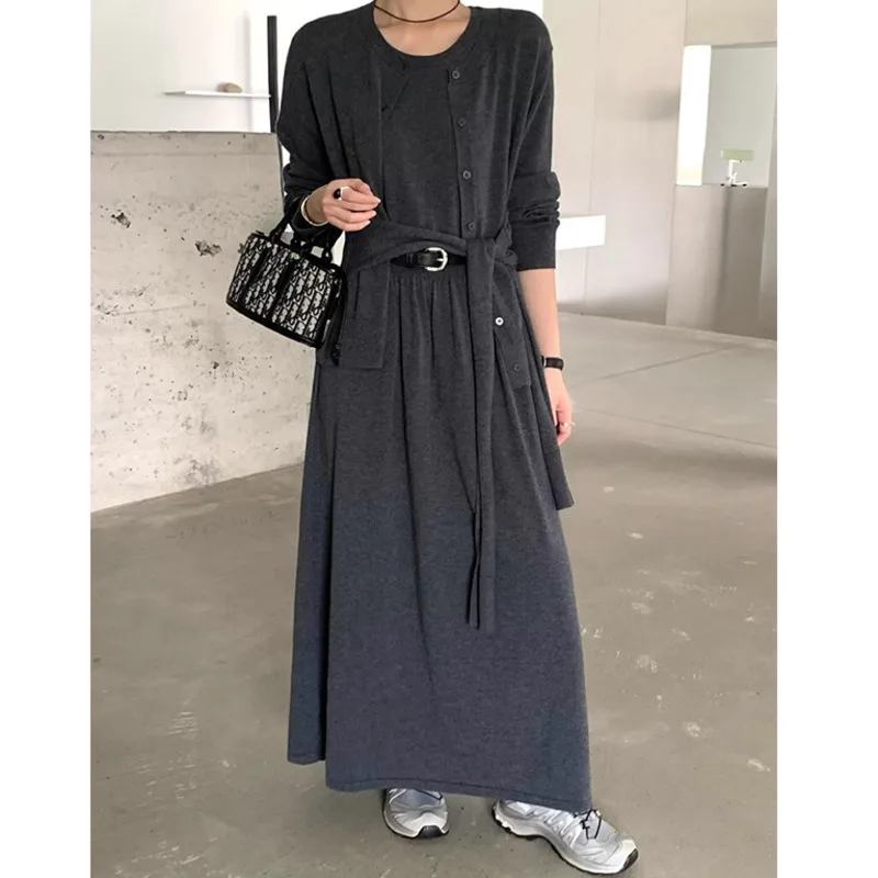 [EWQ] Sleeveless Sashes Design Sweater Dress And Bandage Knitted Cardigan Casual Women Set Clothing 2024 Autumn New Tide 16O2232