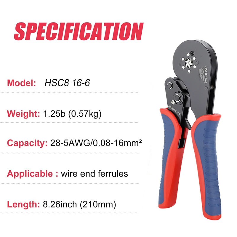 HSC8 16-6 Pro Hexagonal Ratchet Crimping Plier for End Sleeves and Ferrules - Crimps 0.5-16mm² (AWG 20-5）Ferrule Terminals