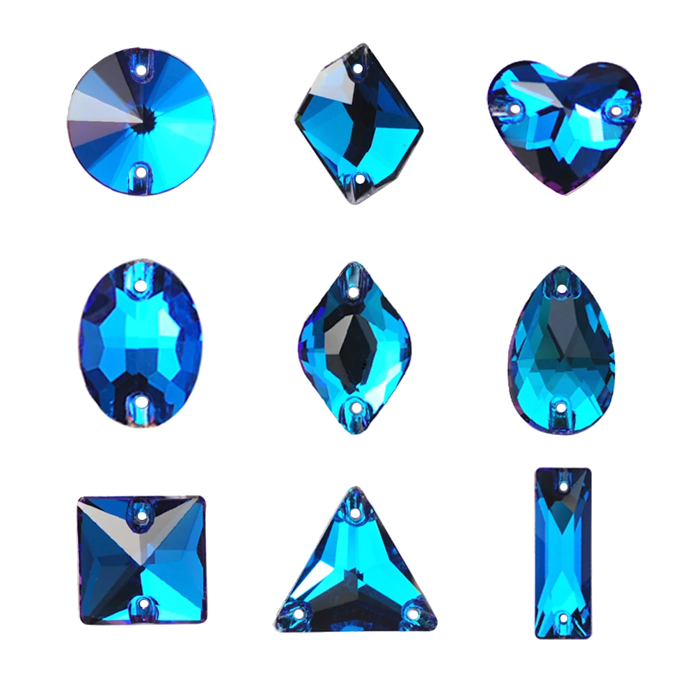 Pubrilex Bermuda Blue All Shapes Sew On Rhinestones K9 Crystal Chamfered Sewing Strass for Garment Wedding Dress Decorations