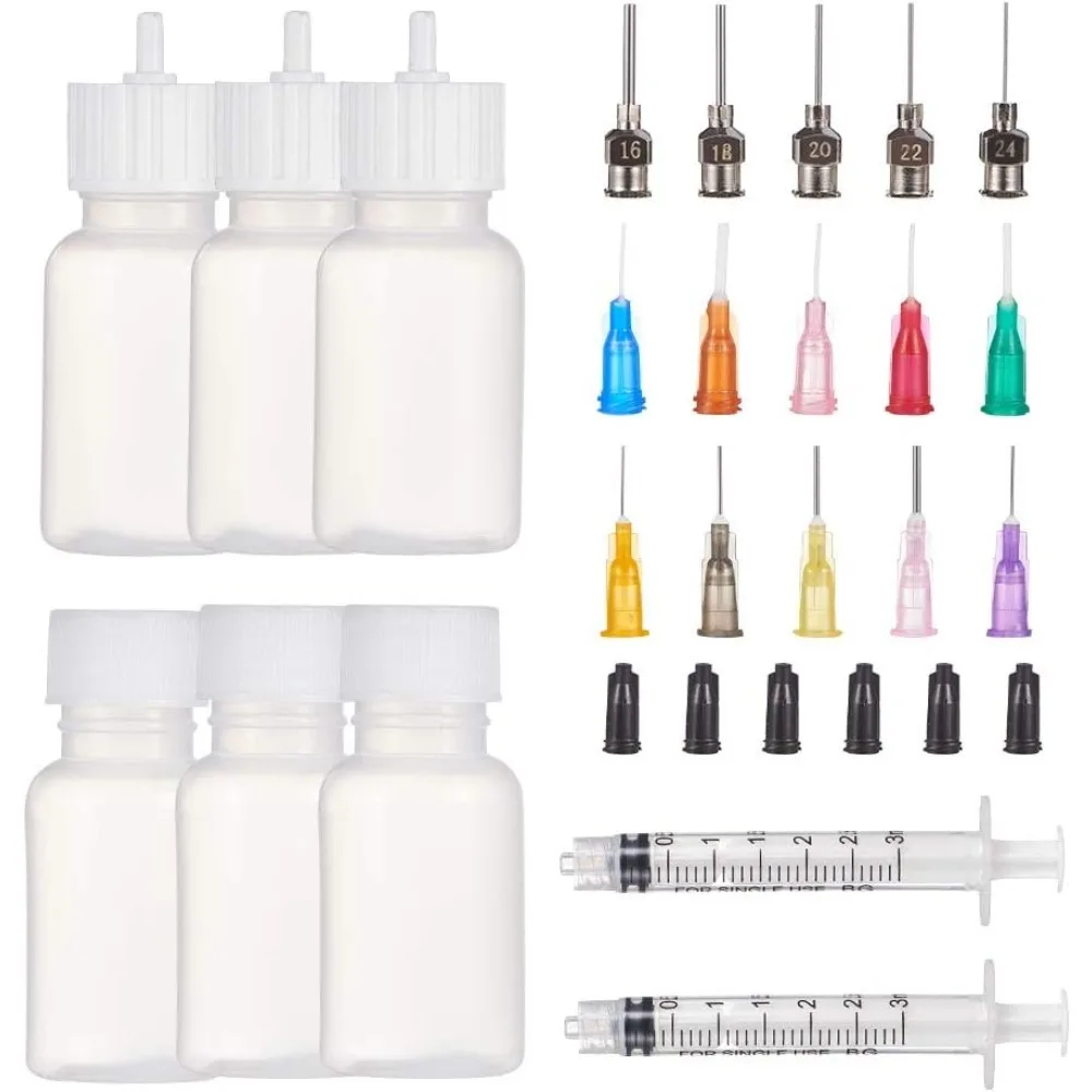 6 Packs 1oz DIY Precision Tip Applicator Bottles 15PCS Stainless Steel PP Blunt Needle Tips 6PCS Stoppers 2PCS Syringe