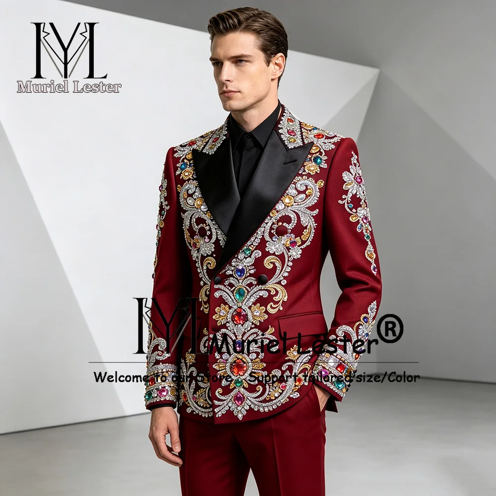 Luxury Men's Suit For Wedding Colorful Beaded Stones Prom Blazers Customized Double Breasted Groom Tuxedos Slim Fit Ropa Hombre