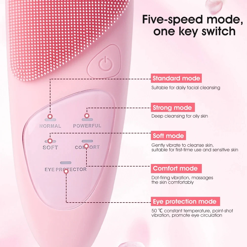 Silicone Electric Facial Cleansing Brush with 4 Cleansing Modes IPX7 Deep Cleaning Face Exfoliating Eyes Face Vibration Massager