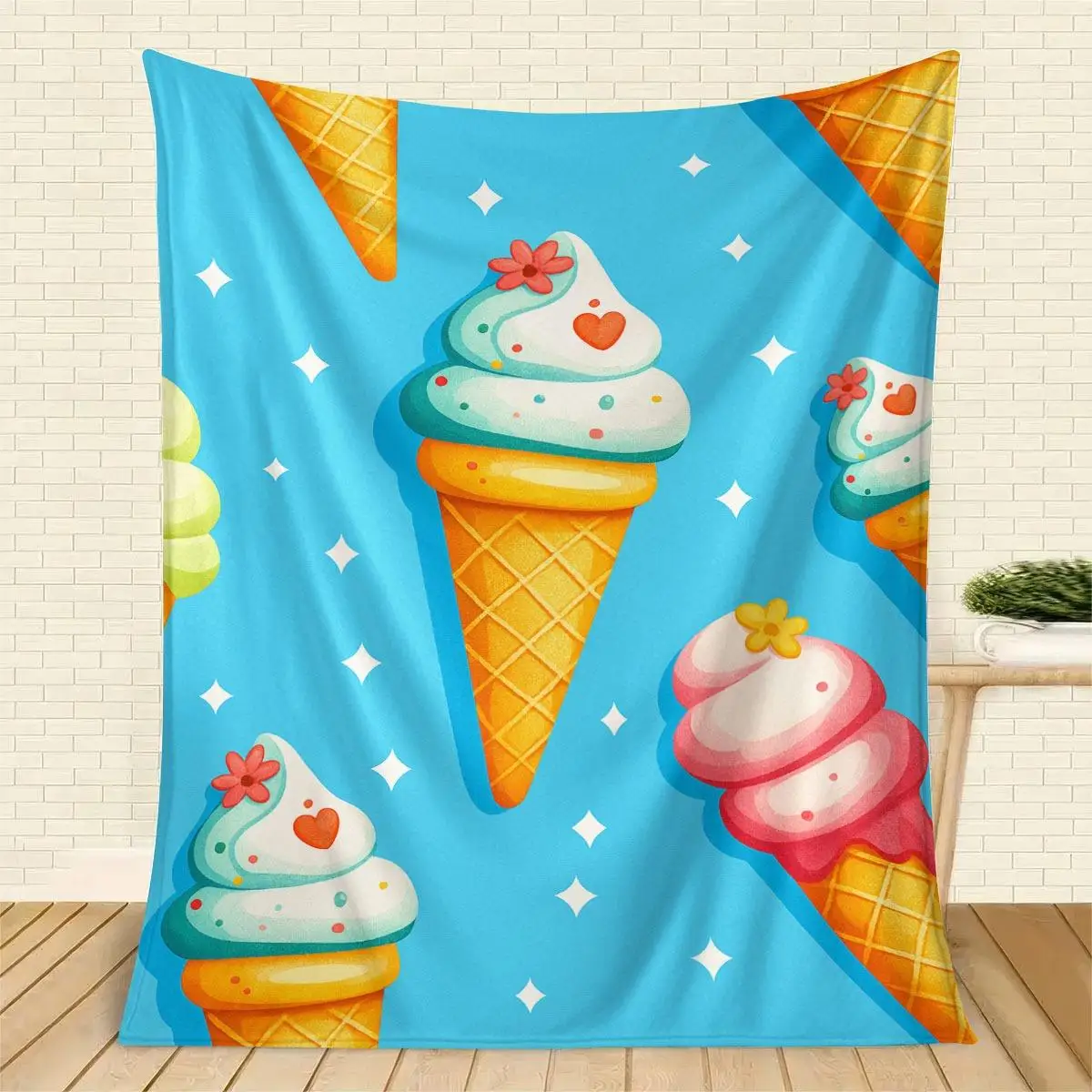 Fun ice cream and star design Flannel printed blanket suitable for all seasons suitable for living room office sofa and travel