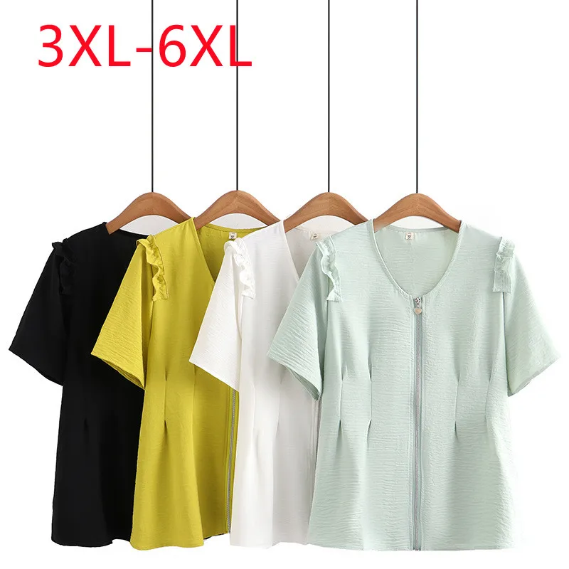 New 2023 Ladies Spring Summer Plus Size Tops For Women Large Size Short Sleeve V-neck Zipper Green T-shirt  3XL 4XL 5XL 6XL