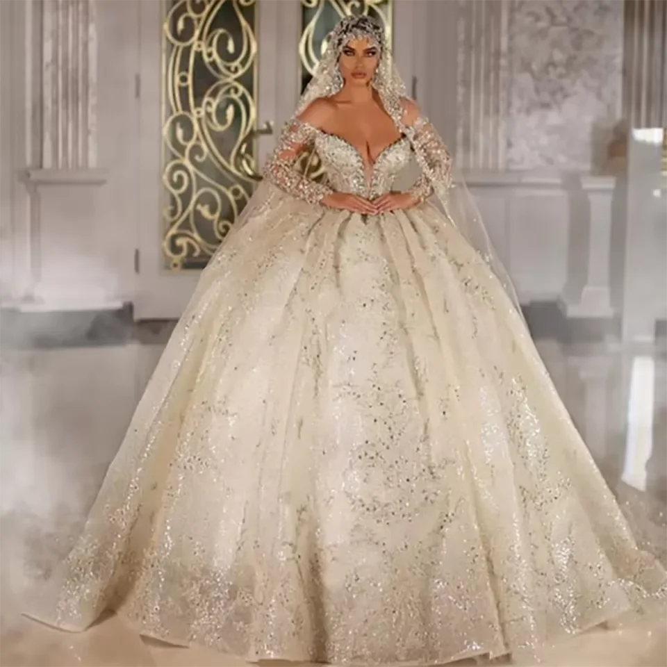 

Customzied Dubai Sparkly Lace Beaded Sequin Ball Gown Wedding Dress Illusion Court Train Tulle Bridal Gown Vestidos De Novia