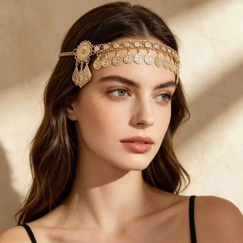 Festival Statement Head Chain Jewelry With Coin Fringe And Lobster Clasp, Necklace Styling For Party And Dance Looks