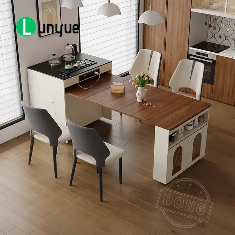 Foldable Solid Wood Coffee Table Island Dining Table Integrated Multi-functional Tea Table for Small Apartment Household