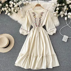 Embroidery Boho Vintag Women's Long Dress For Girls Spring Autumn Floral Long Sleeve Beige Sexy Flower High Waisted Dresses