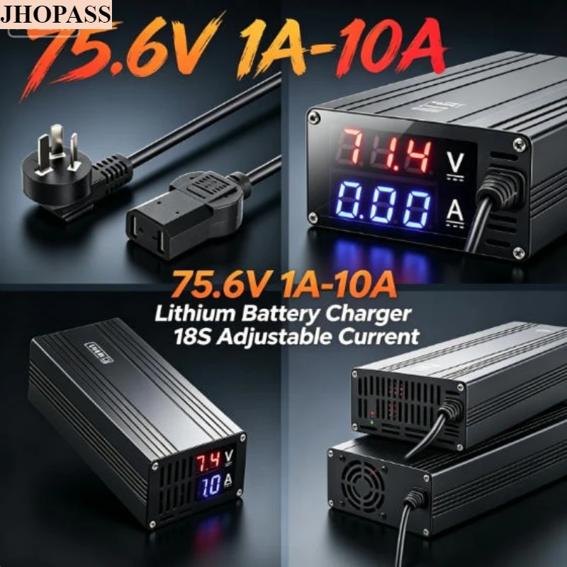 18S Smart LCD 75.6V 1A -10A Adjustable Current 64V 220V LiFePO4 Lithium Charger for Forklift Truck Floor Scrubber UK EU AU Plug