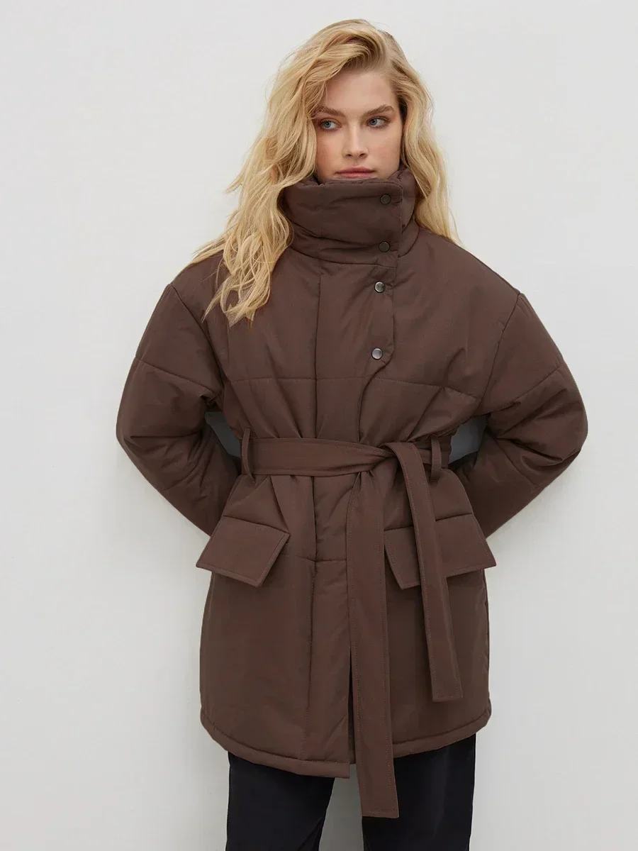 New Fashion Women Quilted Jacket Women Winter Loose Parkas Coat Vintage Belted Outwear Office Ladies Warm Cotton Puffer Jackets