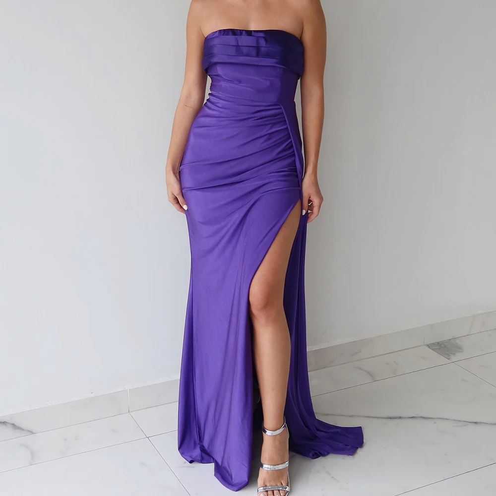 

Dark Purple Strapless Sleeveless Straight Satin Floor Length Backless Panel Train Evening Dress Elegant Party Gowns Woman