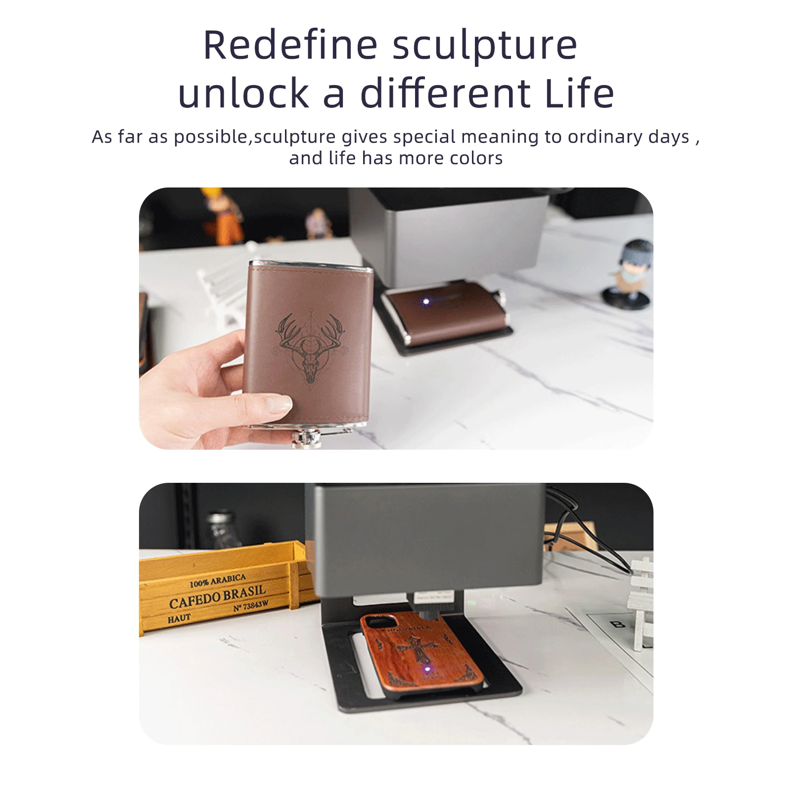 【Nuevo】Máquina de grabado portátil para impresora de logotipos artesanal DIY, área de tallado de 80x80mm con 4 Uds de columnas elevadas + gafas