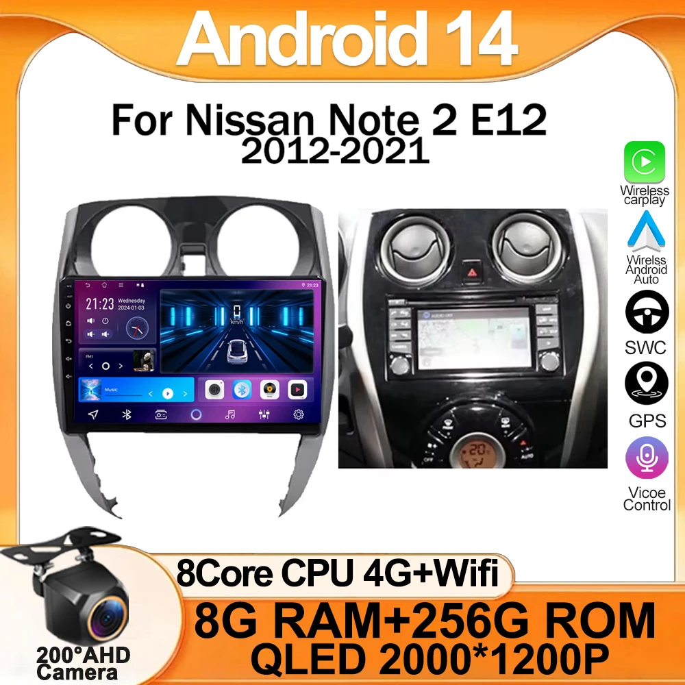 Carplay  Android 14 For Nissan Note 2 E12 2012-2021 Car Stereo Radio Multimedia Player Navigation Head Unit GPS QLED 5G WIFI BT