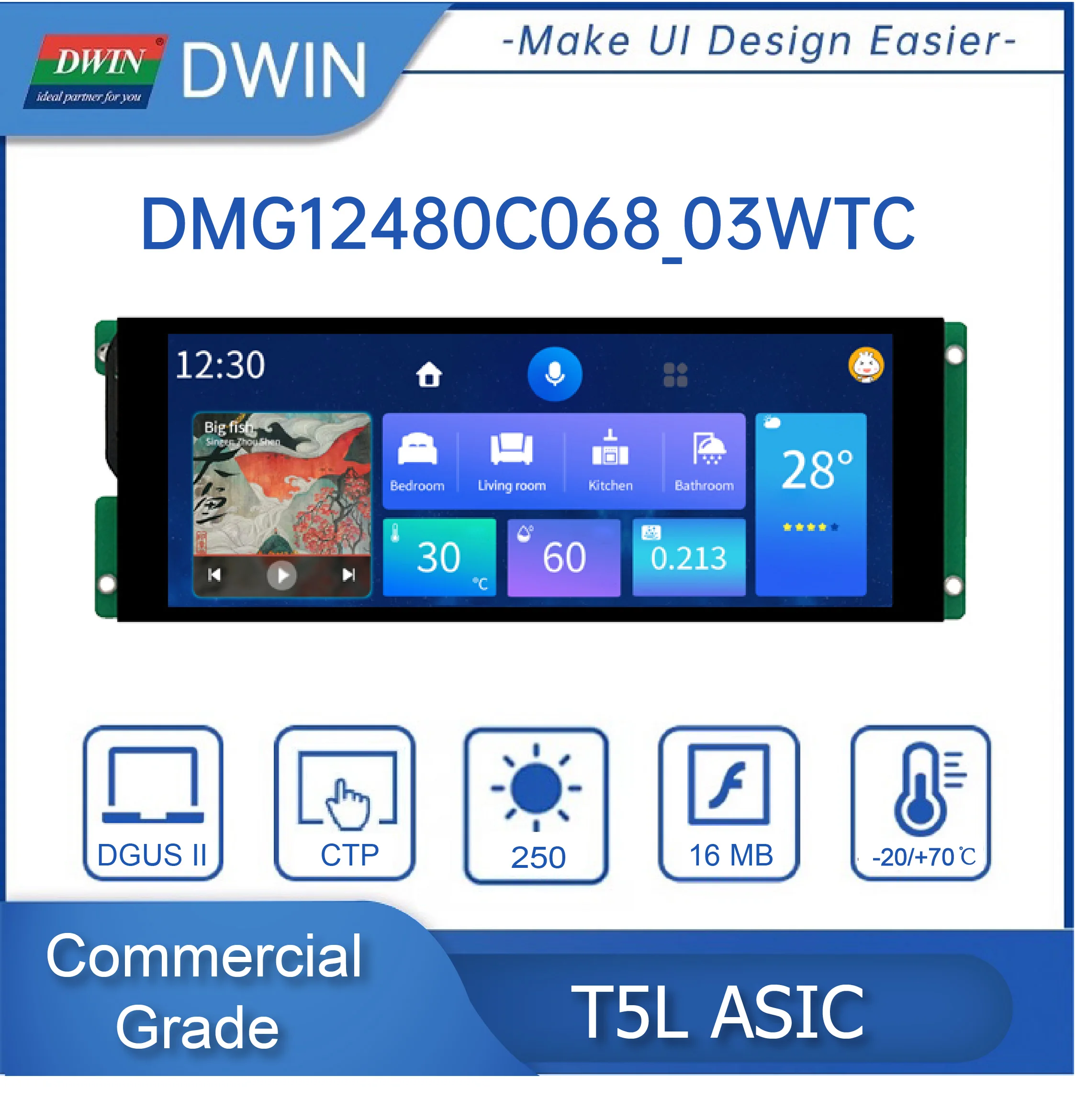 DWIN 6.8 Inch Bar Style IPS TFT LCD Module UART Intelligent Display Touch Screen HMI