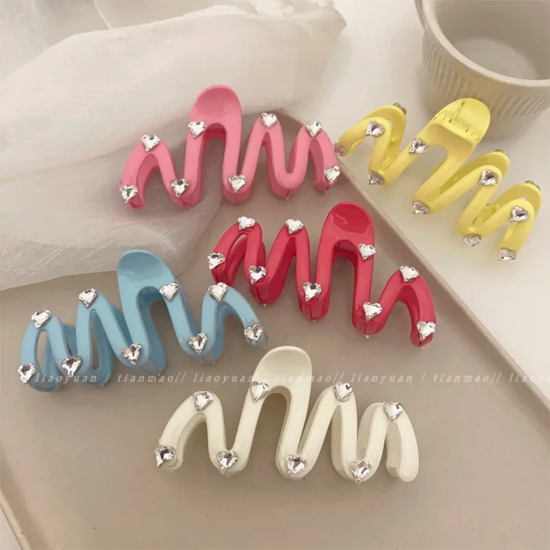 Korean Large Love Heart Rhinestone wave Hair Claw Clips 2023 Summer Colorful Hairpin Y2k Hair Accessories for Women Headdress