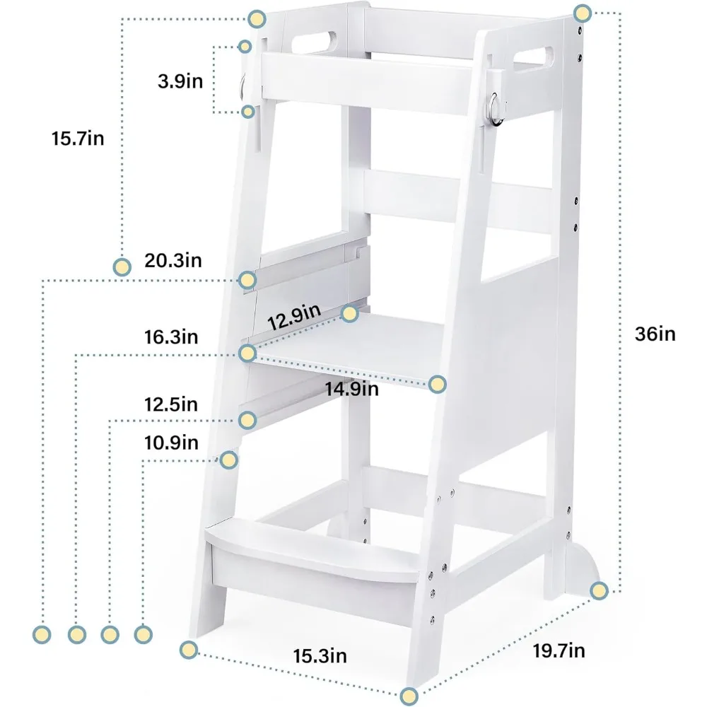 Bamboo Toddler Kitchen Step Stool White Helper Standing Tower Height Adjustable with Anti-Slip Protection