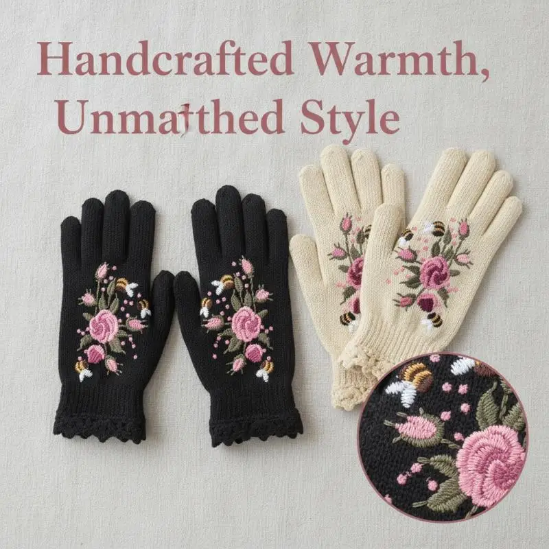 Niedliche Vintage-Handschuhe mit Stickerei, gestrickt, Bienenmuster, halbe Finger, fingerlose Handschuhe, koreanischer Stil, warme Winter-Wollhandschuhe, für den Außenbereich – Detail 17