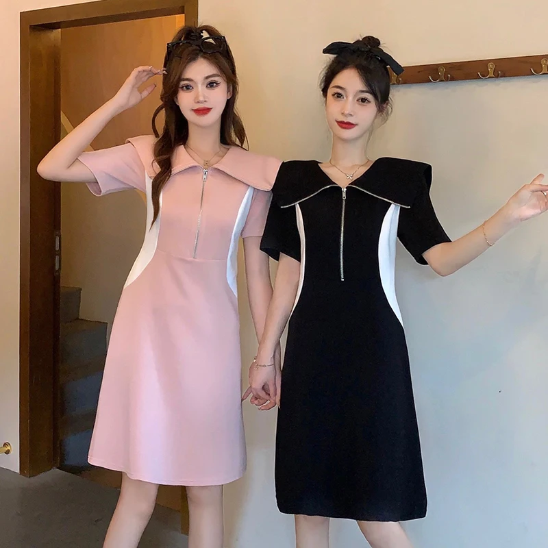 Women Cotton T-shirt Dresses Summer Female Navy Collar Short Sleeve Large Size Elegant A Line Black Pink Sport Run Slim Vestidos