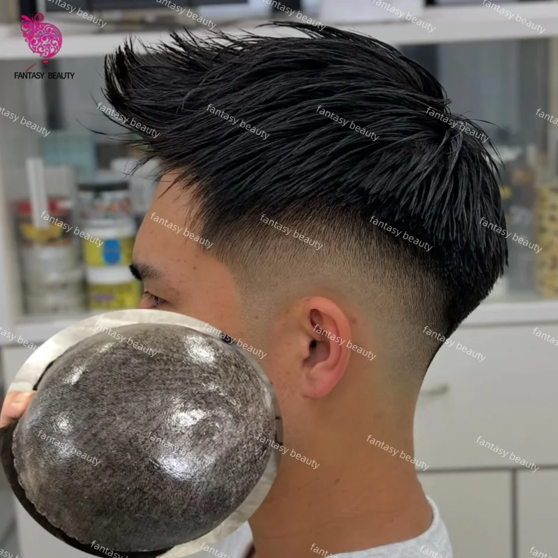 

Durable Capillary Prosthesis Black Gray Brown 100% European Human Hair Invisible HD PU Base Injection Toupee Natural Hairline