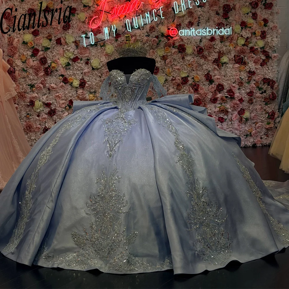 Silver Blue Quinceanera Dress Beaded Appliques Satin Ball Gown Off Shoulder Sweet 16 Vestido de XV Años with Big Bow Long Train