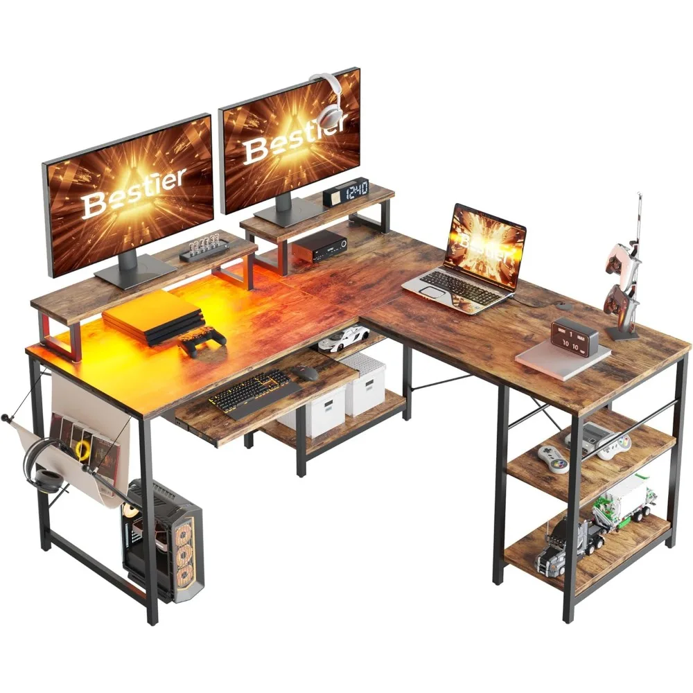 مكتب ألعاب على شكل 95 لتر مع ضوء LED، مكتب زاوية للكمبيوتر أو طاولة طويلة لشخصين مع حامل شاشة وأرفف ولوحة مفاتيح #5