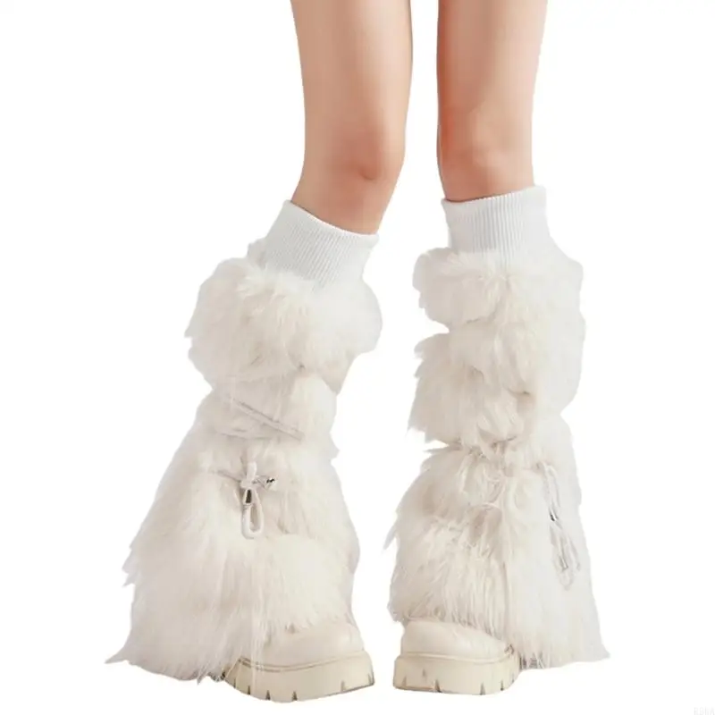 E56A Women Ribbed Knit Cuffs Fuzzy Leg Warmers Boot Covers Harajuku Ties Bandage Furry Plush Leggings Covers Socks Streetwear