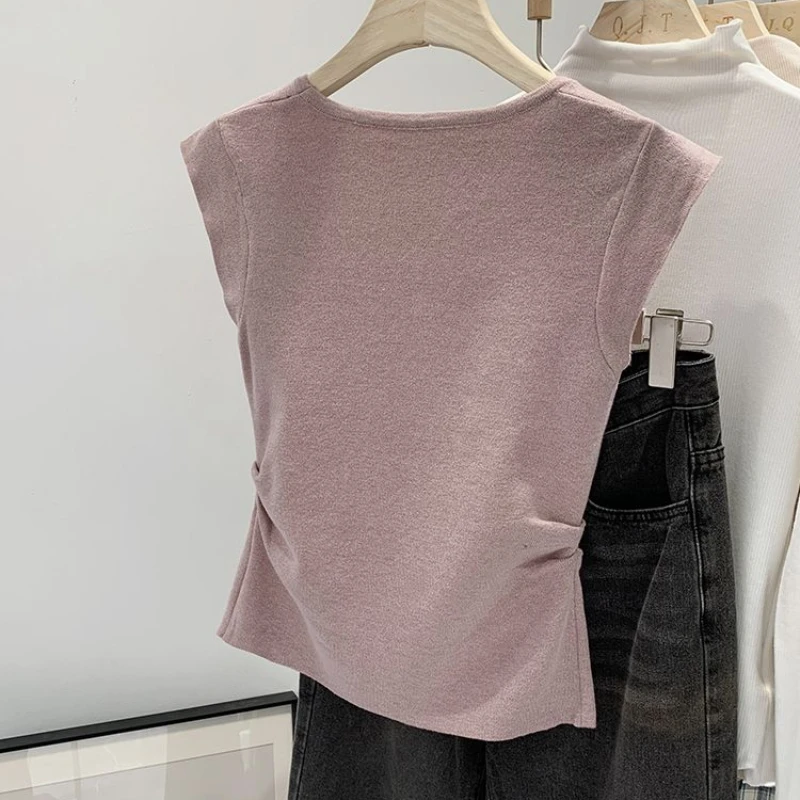 الحلو محبوك تي شيرت للنساء المشارب ساحة الرقبة الكورية موضة تي شيرت الربيع الصيف أساسيات بسيطة Ropa De Mujer