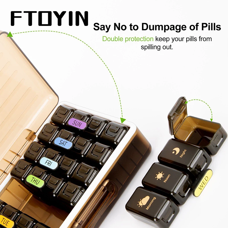 FTOYIN 28 Grids Weekly Pill Case Medicine Tablet Dispenser Portable Pill Box Daily Pill Organizer Storage Box Medicine Pill Box