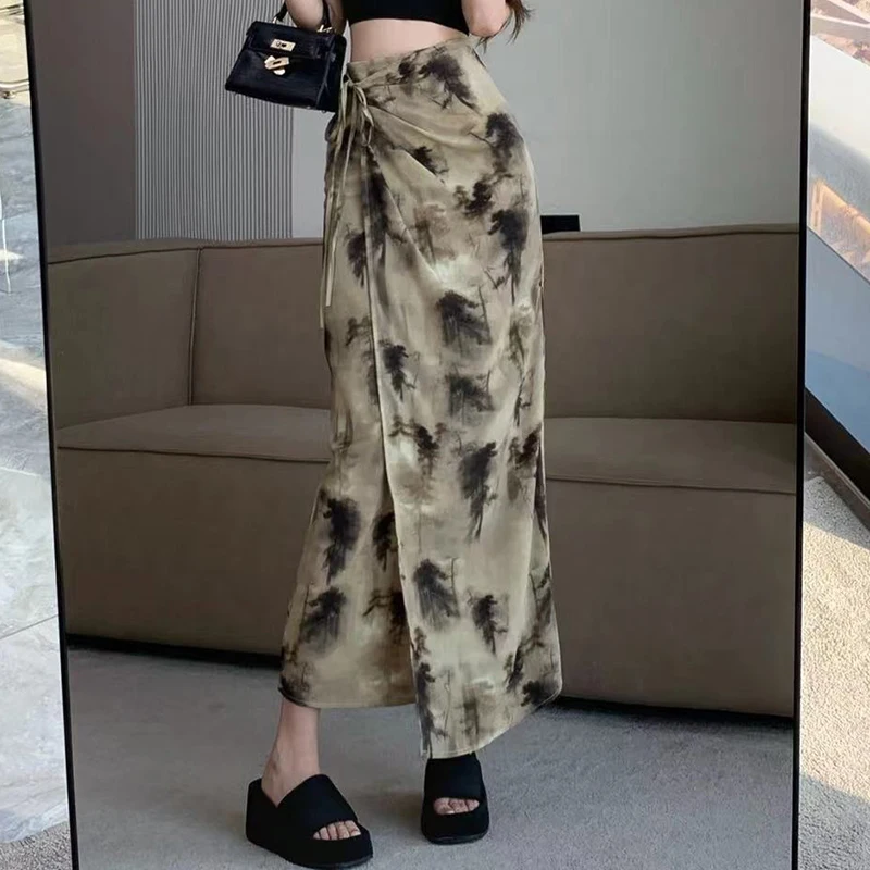 

Summer 2024 Ink Painting Chiffon Half Skirt Women's One Piece Lace Wrapping Hip Wrapping Long Skirt with Irregular Split skirt