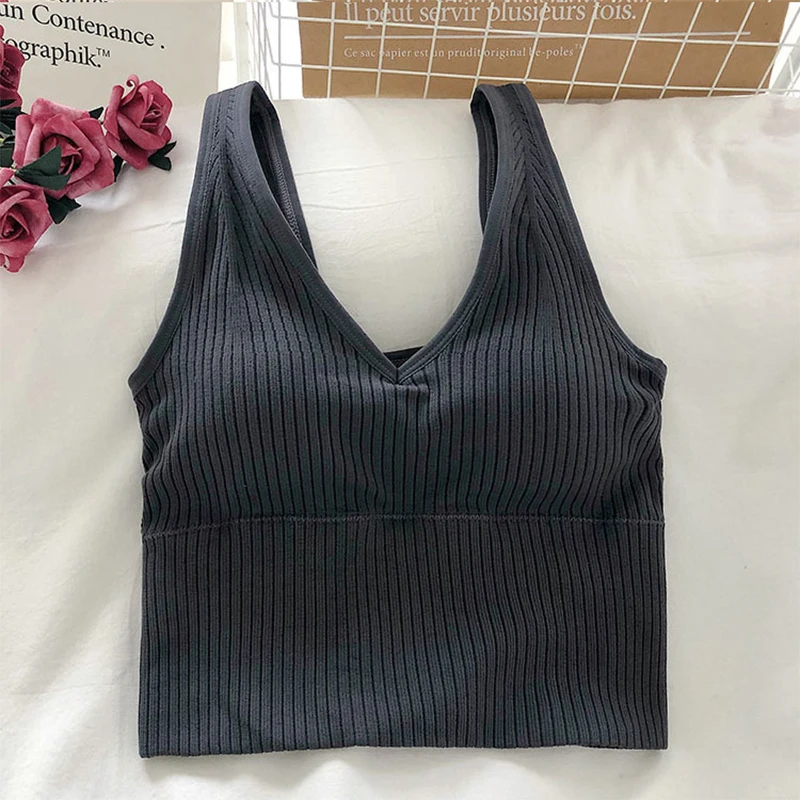 Women Seamless Bra Camisole Underwear Crop Top Free Size Black Khaki Green Vertical Stripe Girl Breathable Sports Fitness Yoga