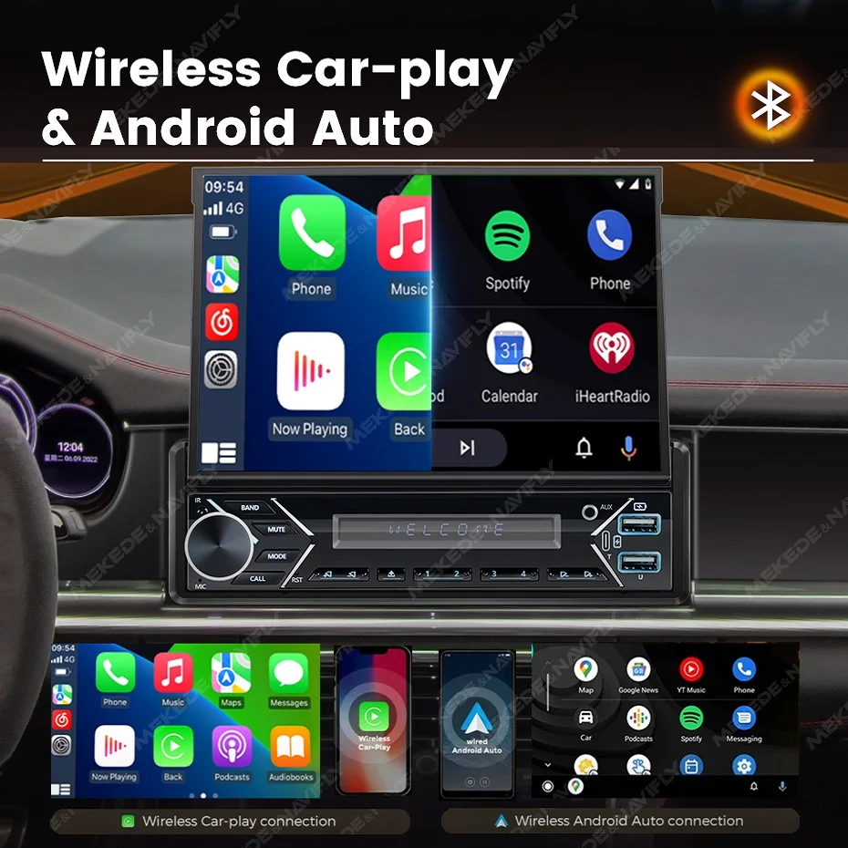 

MEKEDE Carplay Android Auto Universal 1 Din MP5 Player 7 Inch Manual Automatic Retractable Touch Screen Car Player FM Radio BT