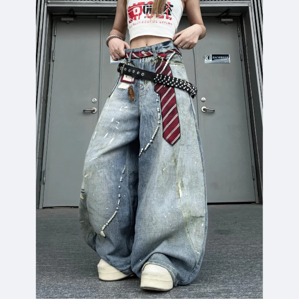 

American-style Distressed, Dirty-wash 3d Digital Print Jeans, Loose Wide-leg Curved-leg Pants, Trendy Women 2026