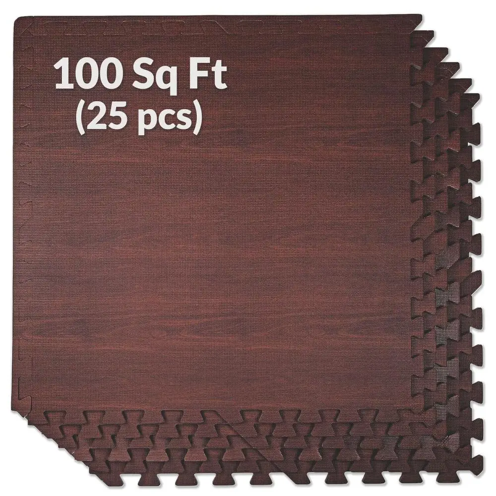 Interlocking Foam Mat 100 Sq Ft 25 Pcs Dark Wood Grain Flooring Durable Cushioning Easy to Install